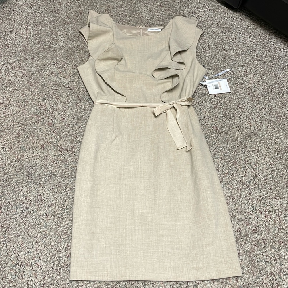 Calvin Klein Beige Ruffle Sheath Dress